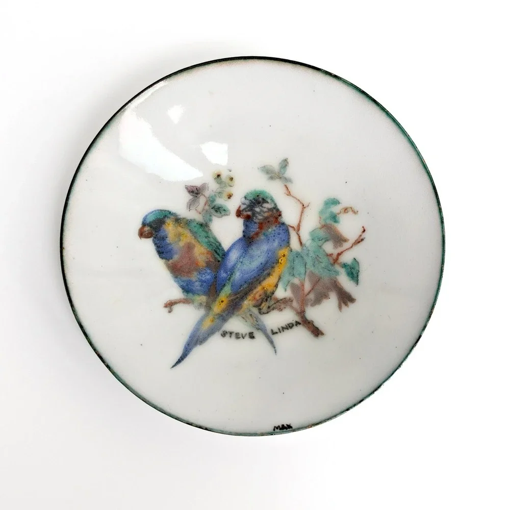 Vintage Parakeet Bird Art Bowl Metal And Enamel Handmade